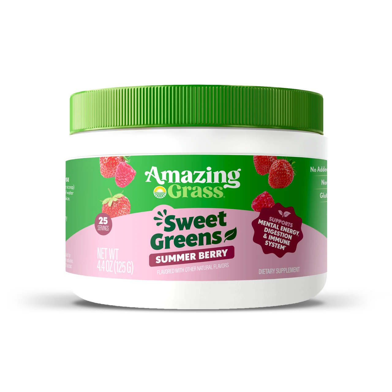 A white plastic tub of Amazing Grass Sweet Greens Summer Berry 25 servings dietary supplement powder with a green ribbed lid and a green and pink label, shown on a white background with a soft shadow.