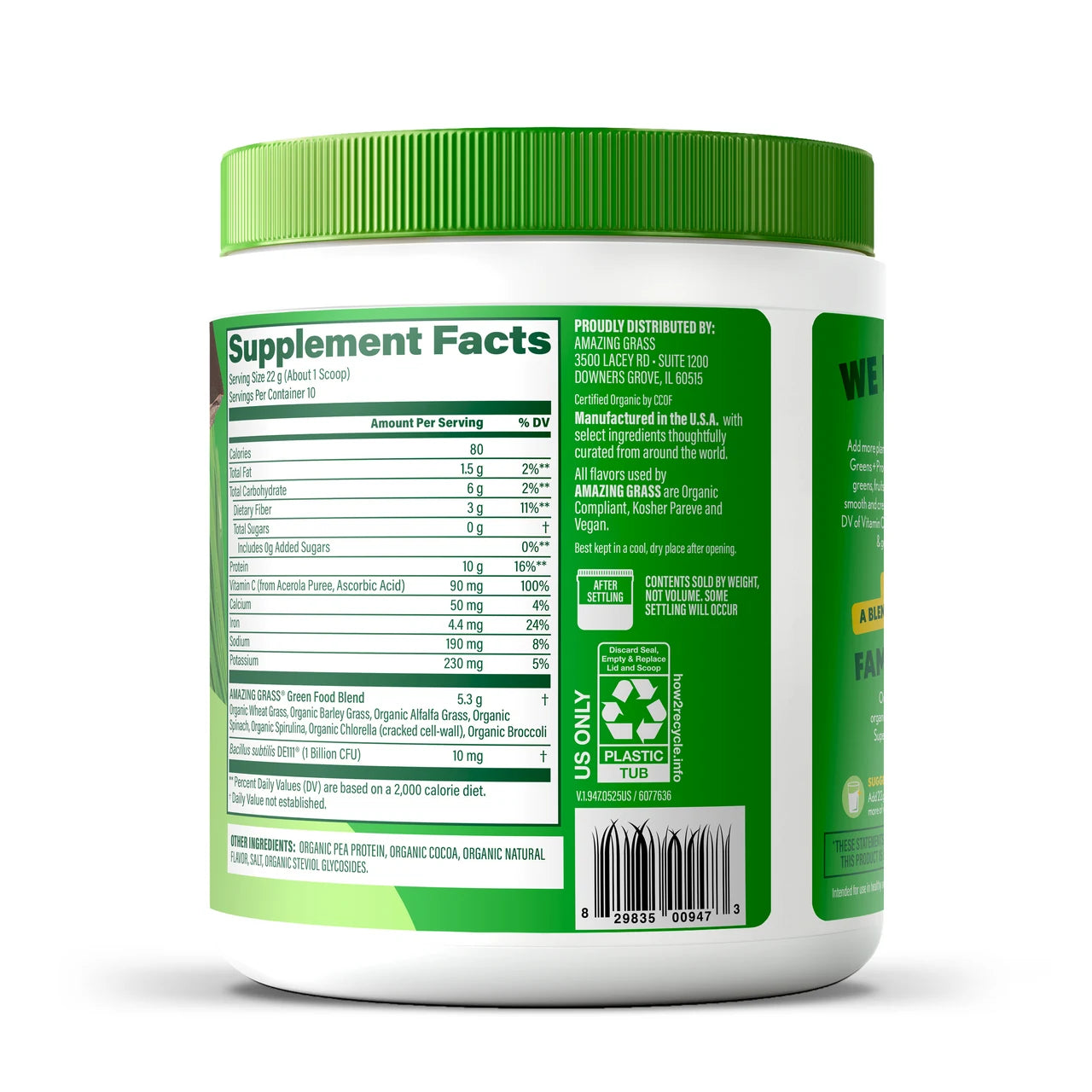 Container of Amazing Grass Super Greens + Protein chocolate supplement facts