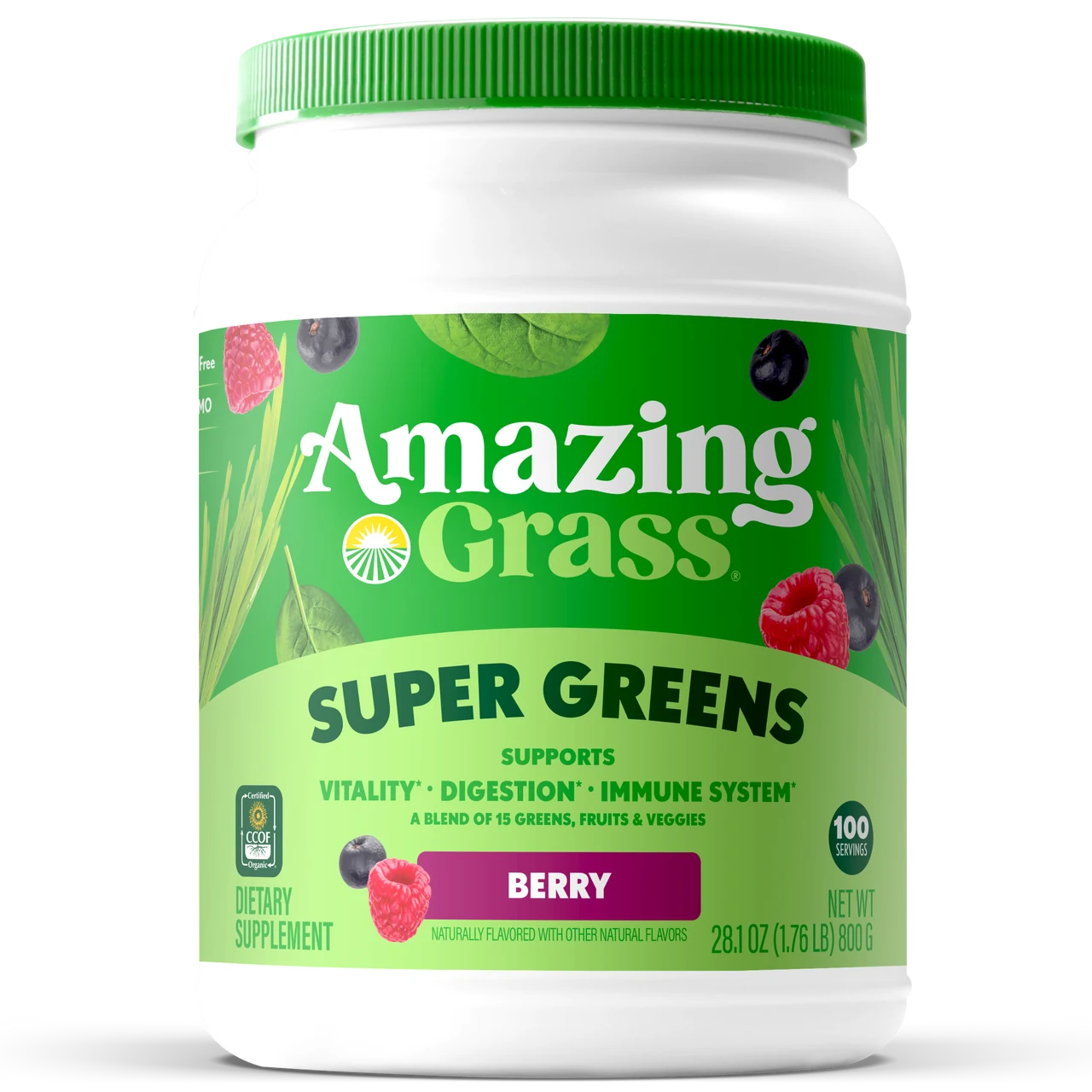 Amazing Grass Super Greens dietary supplement container on a white background