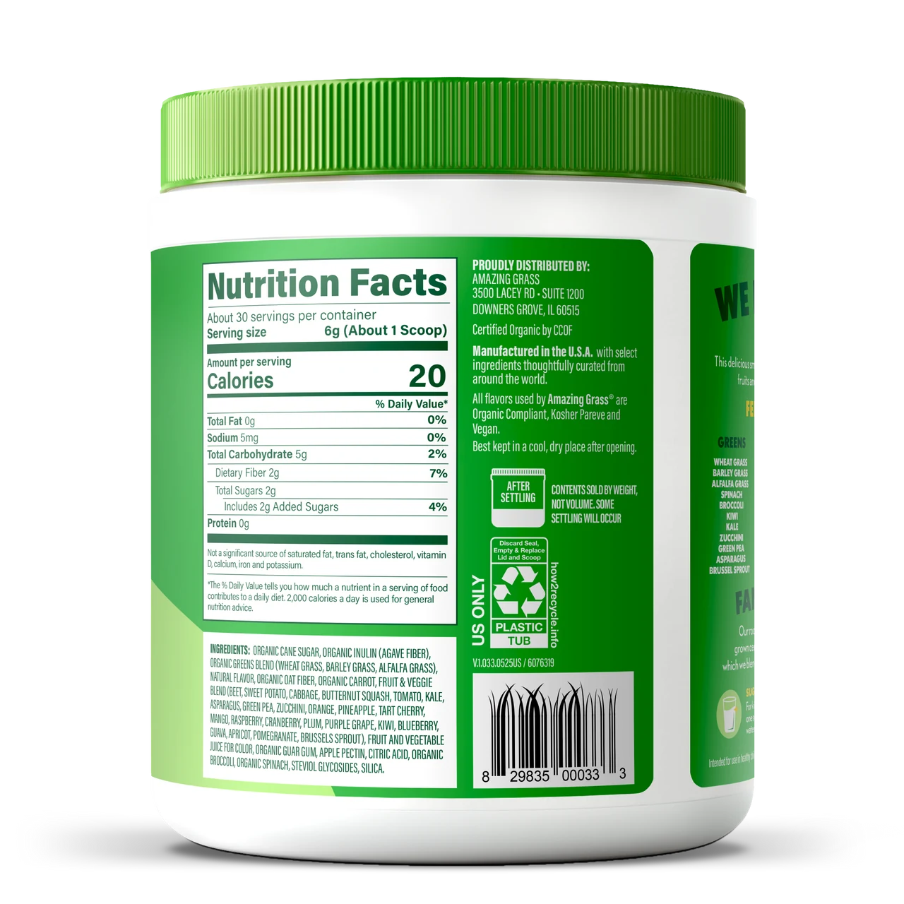 Nutrition facts label on a green and white container