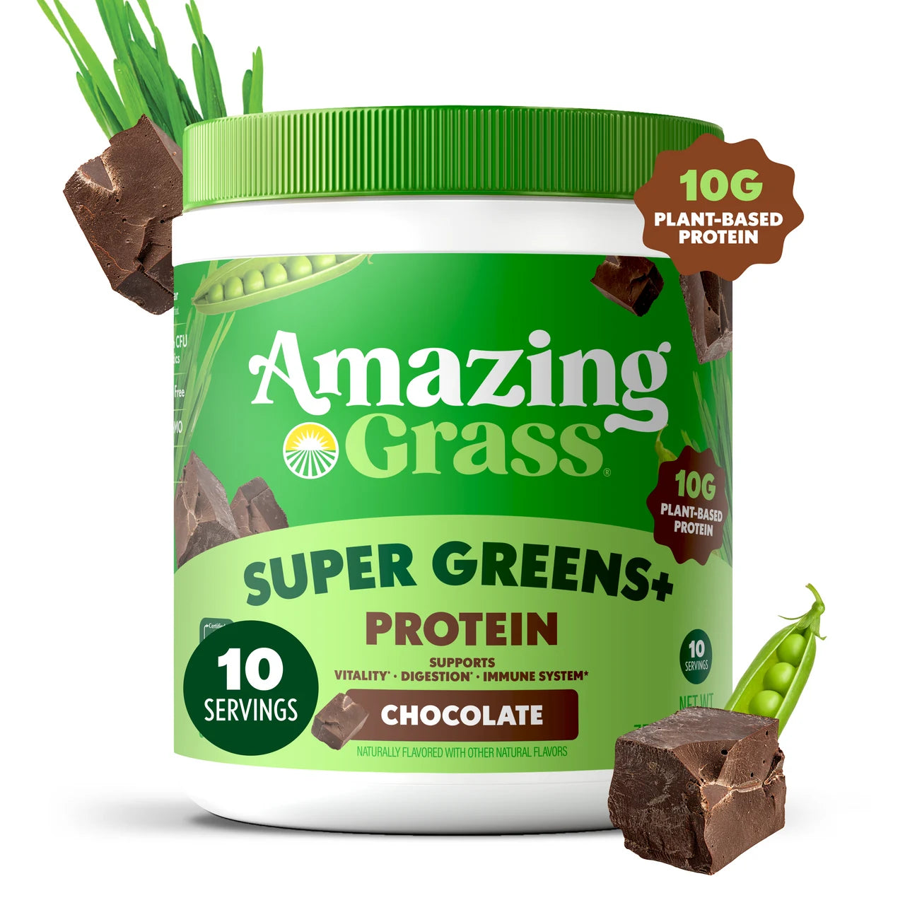 Container of Amazing Grass Super Greens + Protein chocolate 