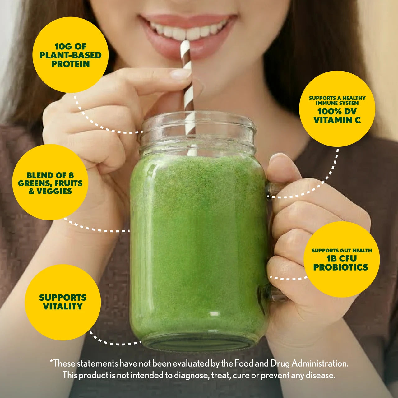 Person holding an Amazing Grass Super Greens + Protein smoothie with health benefits highlighted in yellow circles.