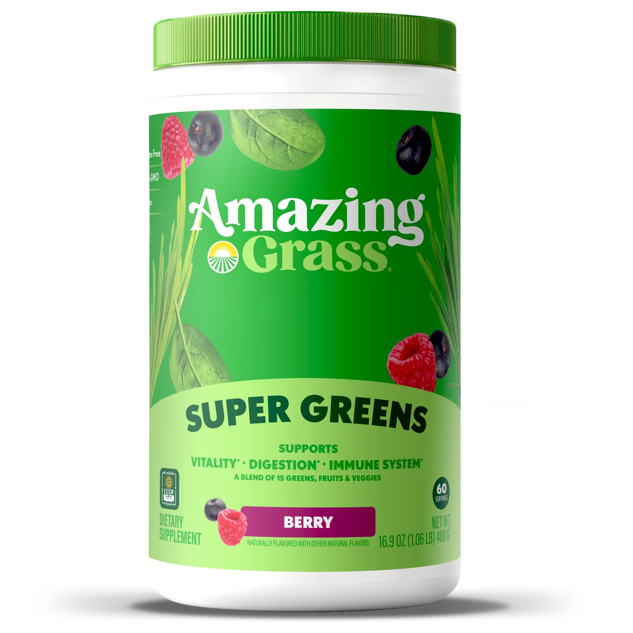 Green supplement container labeled 'Amazing Grass Super Greens' on a white background