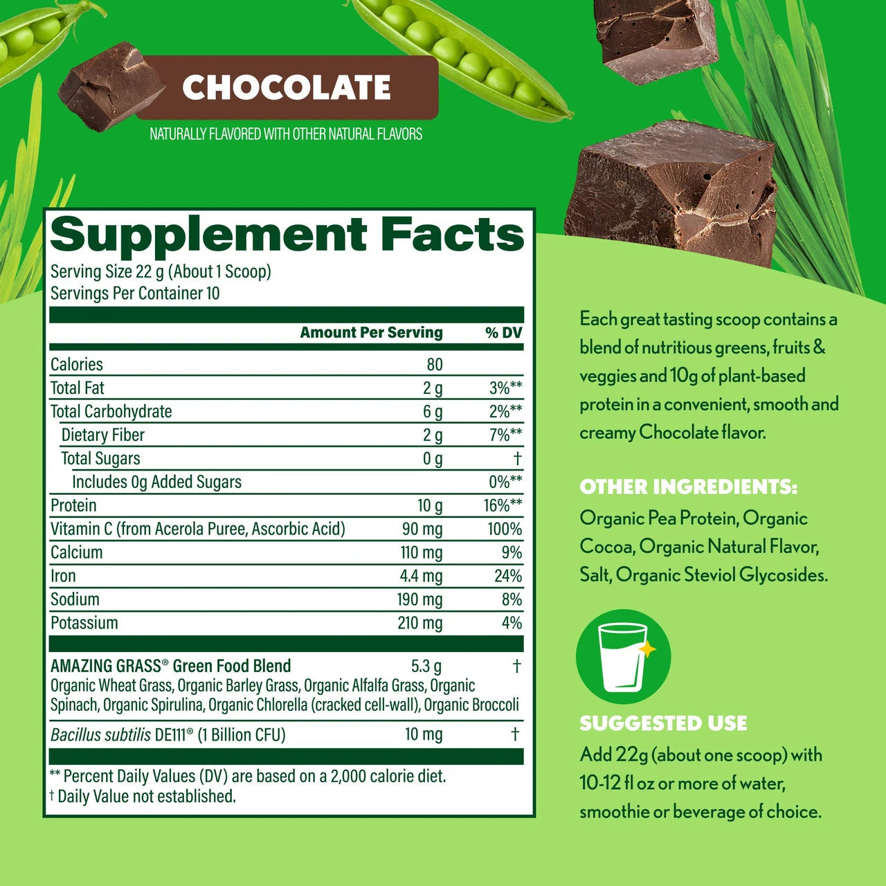 Supplement facts label for a chocolate-flavored product with green background and pea protein imagery.