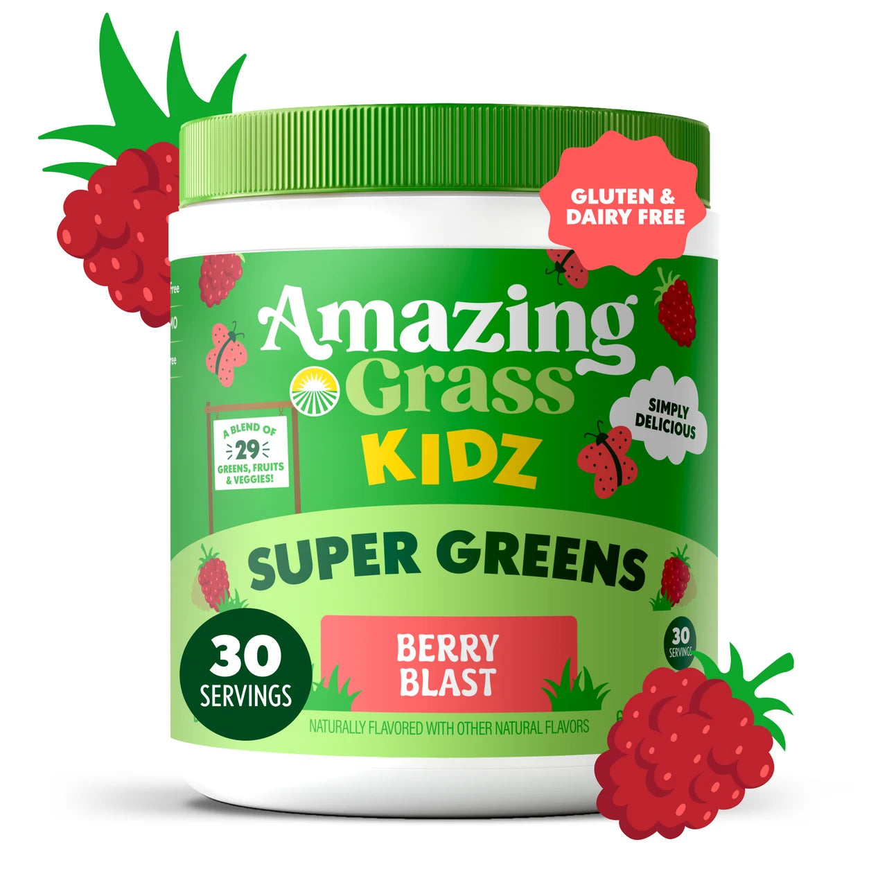 Container of Amazing Grass KIDZ Super Greens Berry Blast on a white background