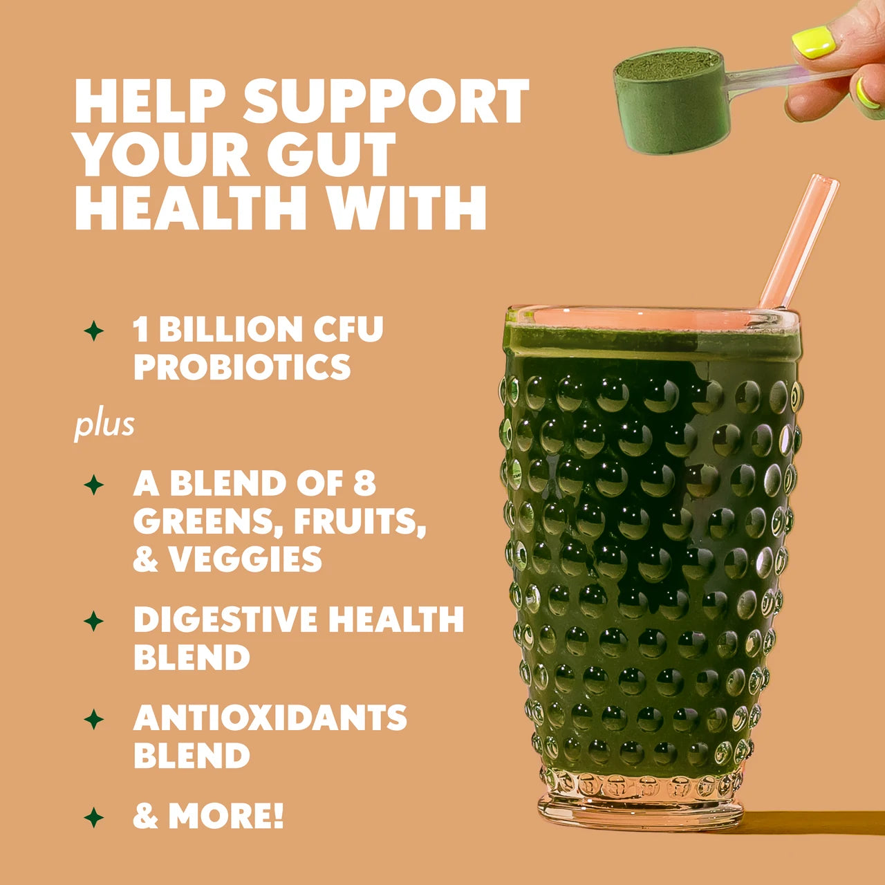 Green smoothie with text about gut health support on a brown background