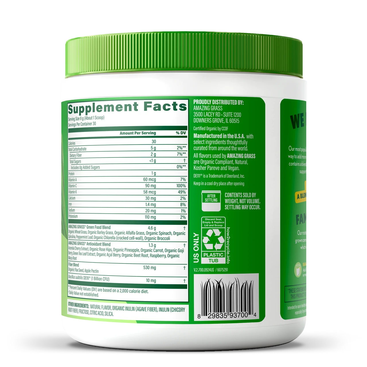 Supplement container with green lid and label on a white background