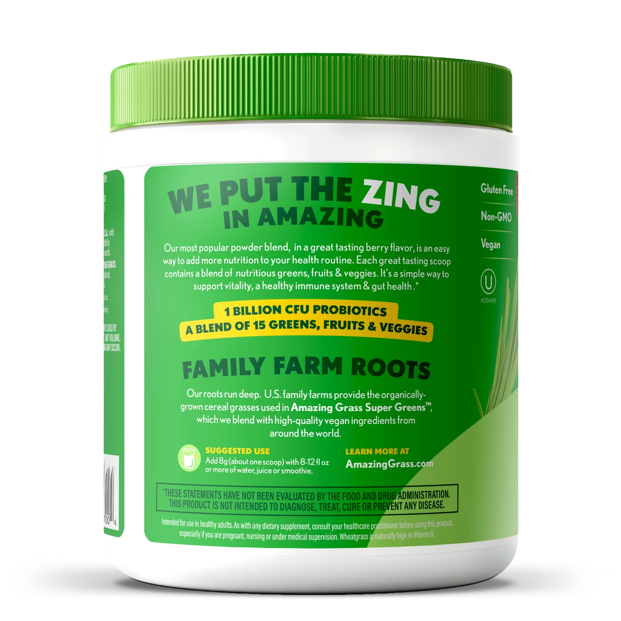 Green and white supplement container with text on a white background