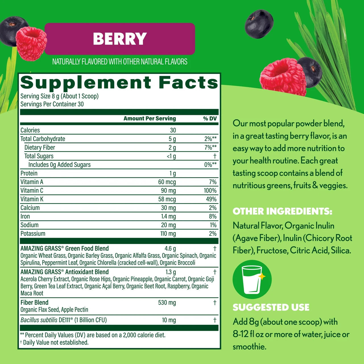 Supplement facts label for a berry-flavored supplement on a green background with berries and grass.