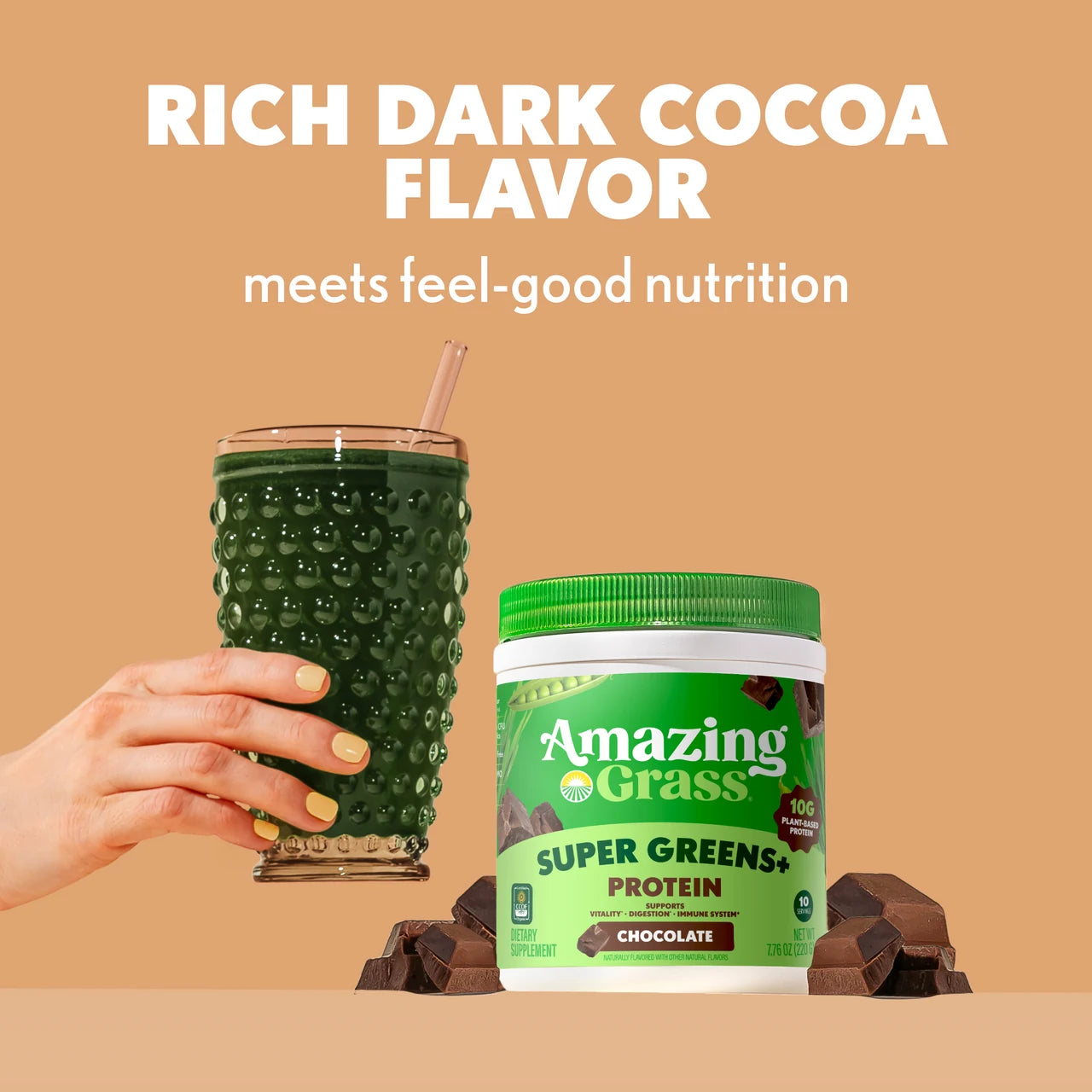 Amazing Grass Super Greens + Protein chocolate in a glass