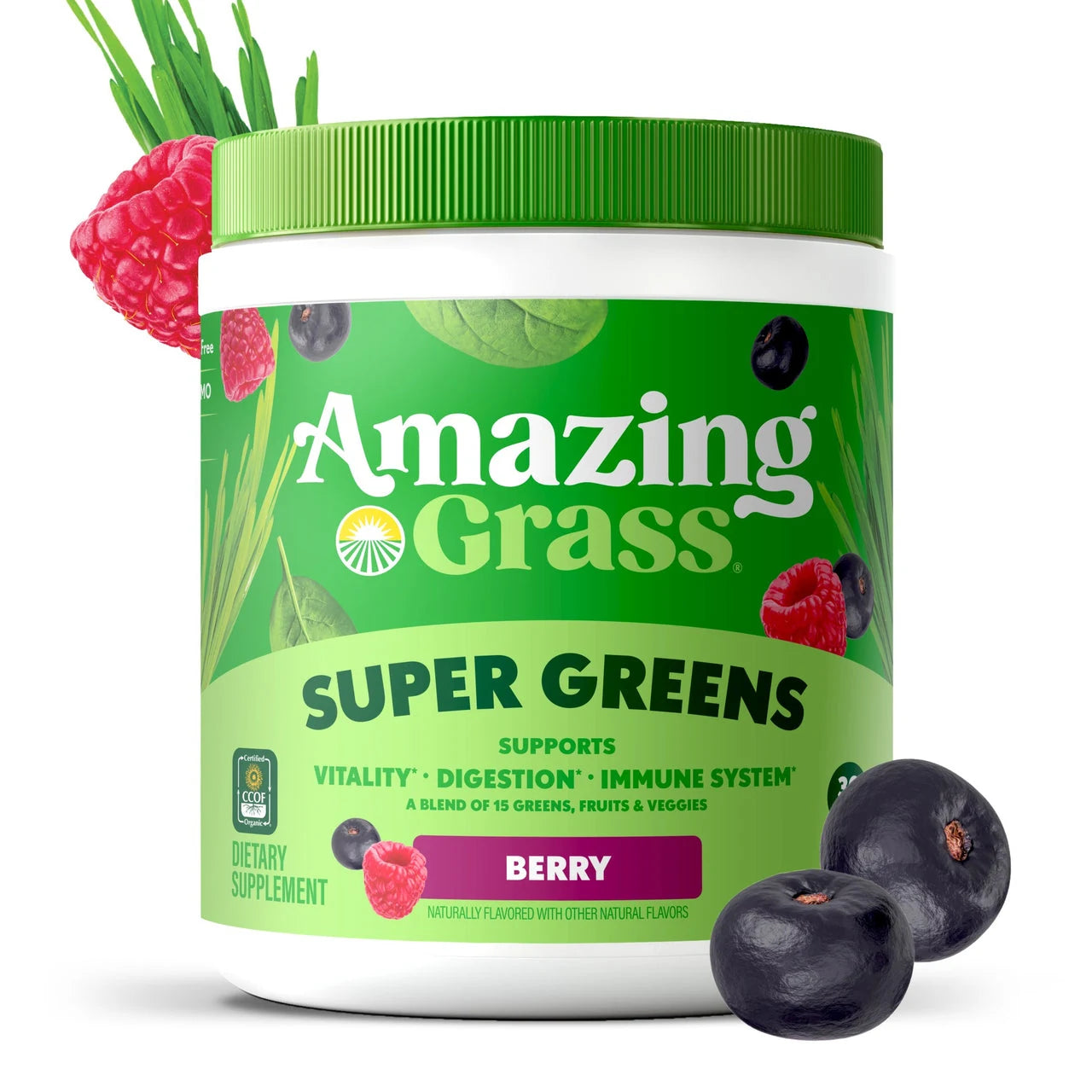 Amazing Grass Super Greens supplement container with berries on a white background