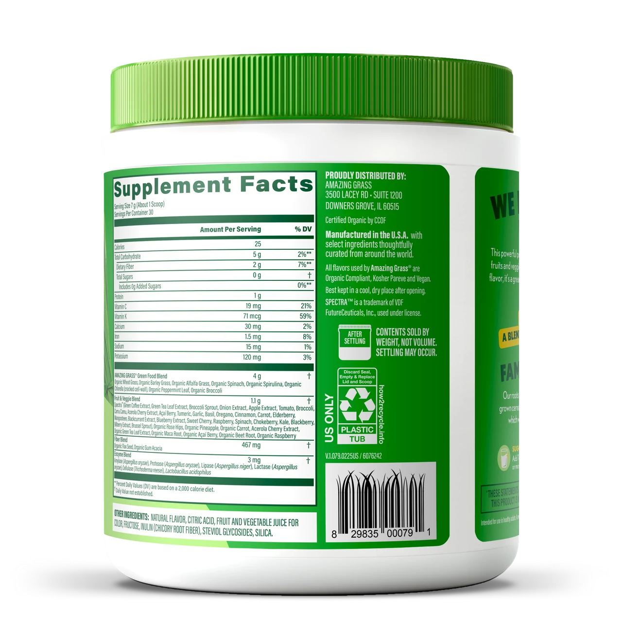Supplement container with green lid and label on a white background
