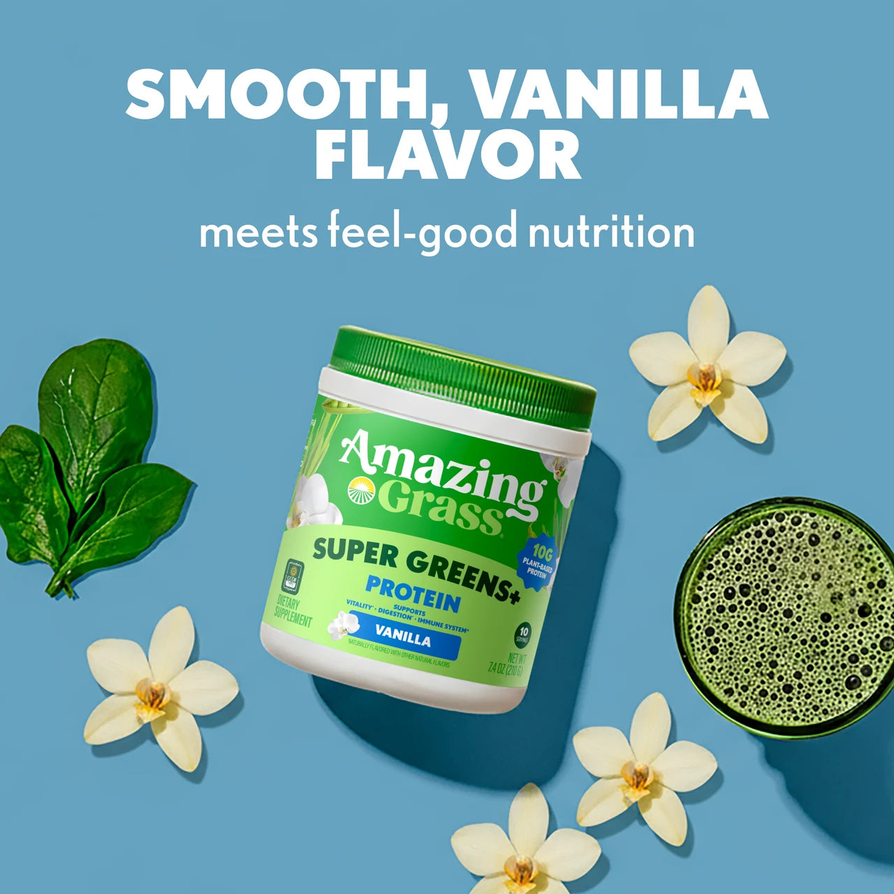 Container of Amazing Grass Super Greens Protein with green leaves and flowers on a blue background