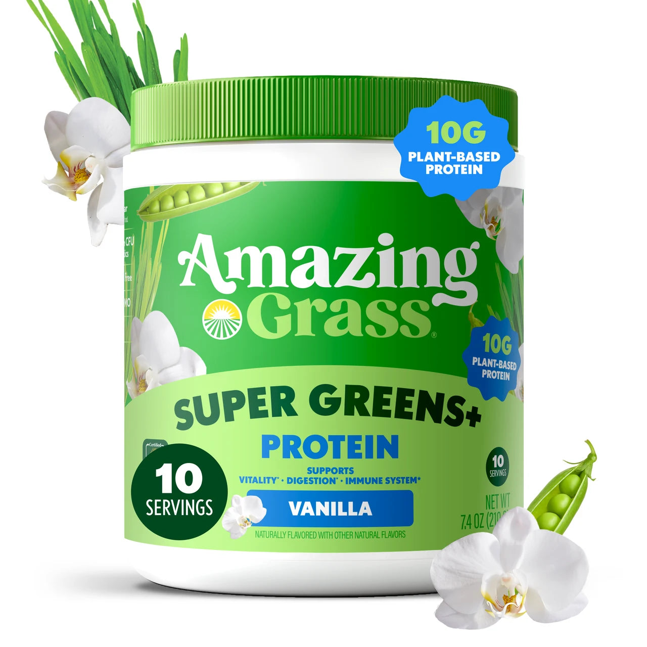 Container of Amazing Grass Super Greens + Protein powder