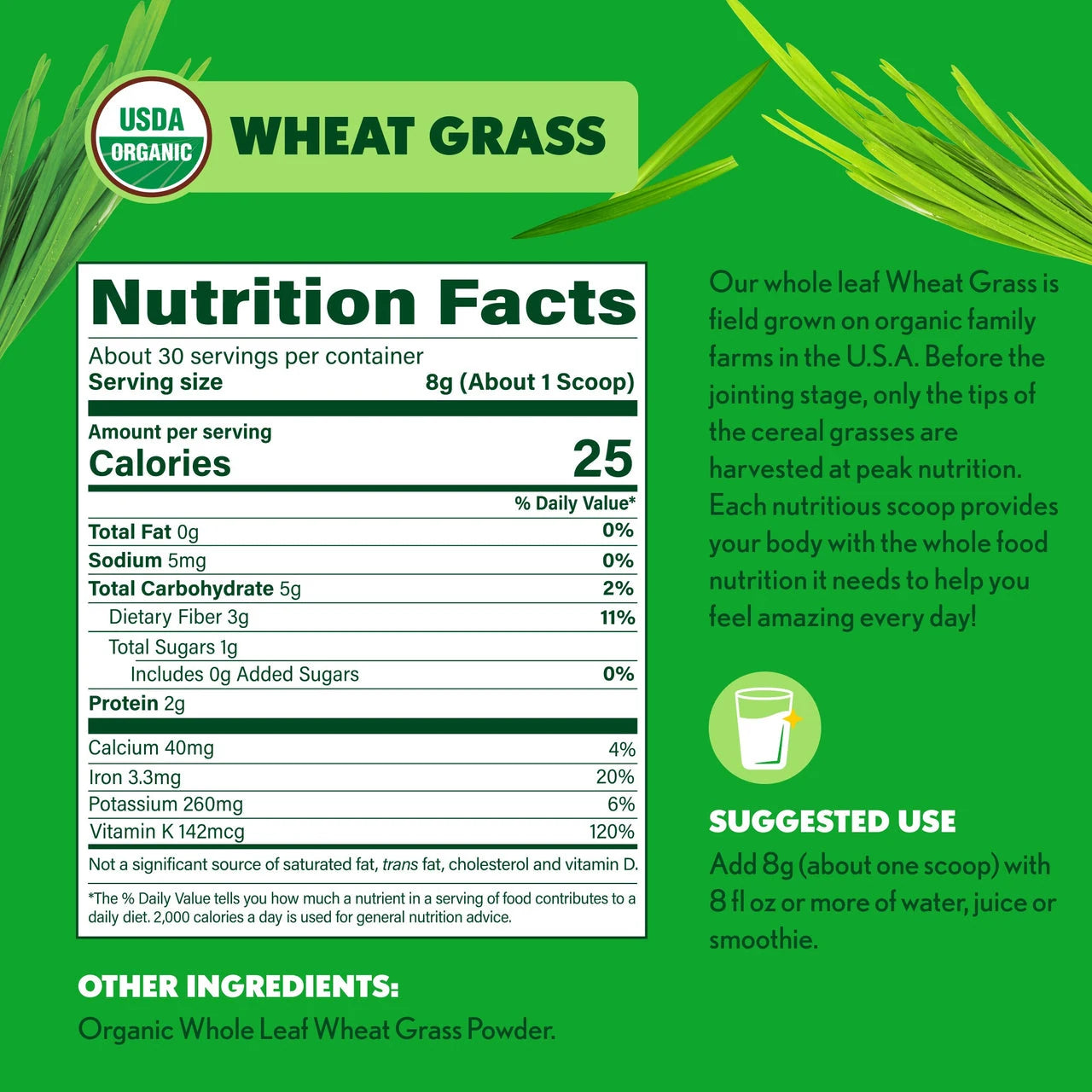 Nutrition facts label for organic wheat grass with green background