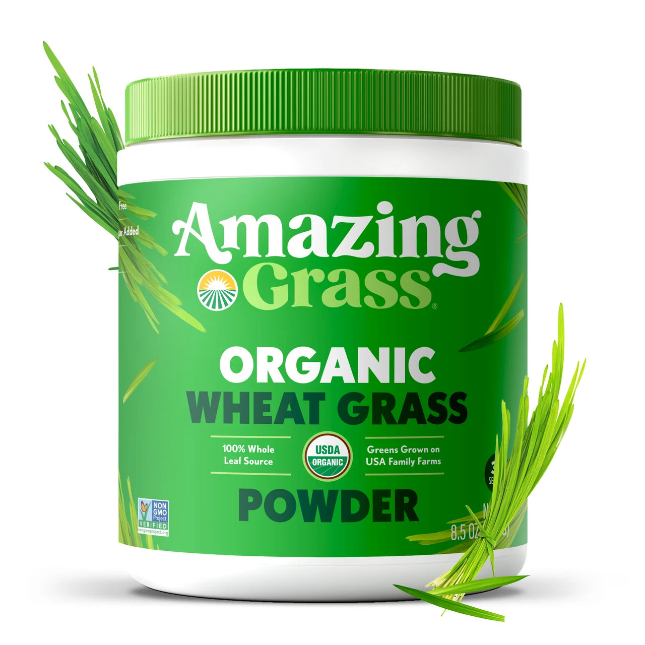 Container of Amazing Grass Organic Wheat Grass Powder on a white background