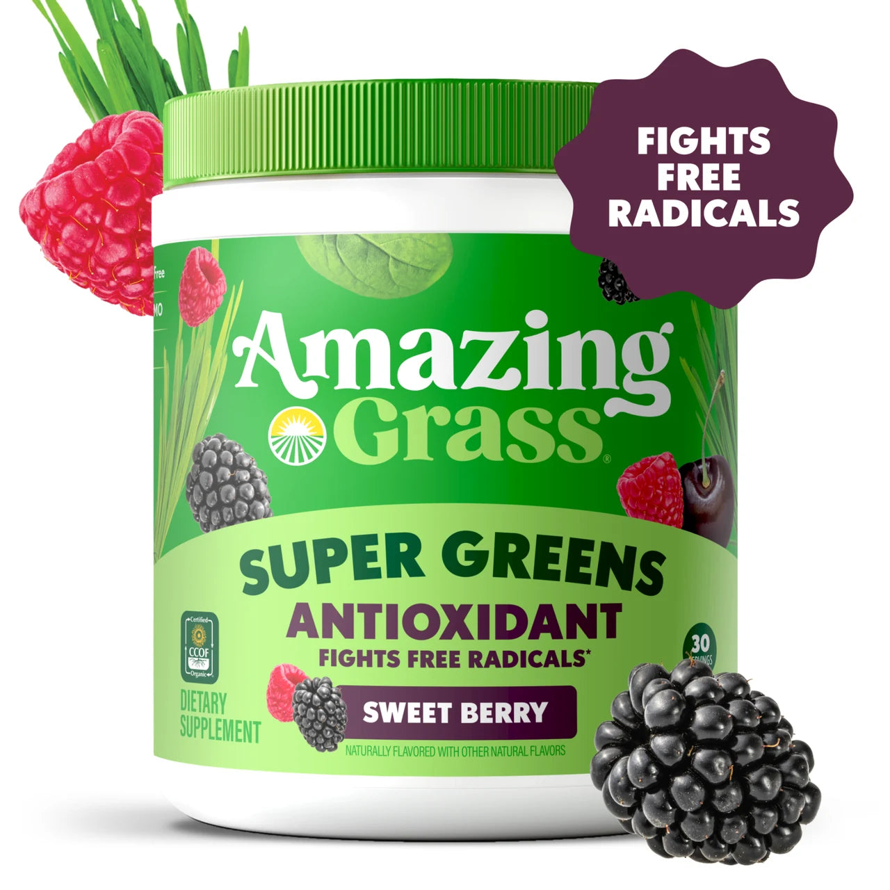 Container of Amazing Grass Super Greens Antioxidant supplement with berries and grass on a white background