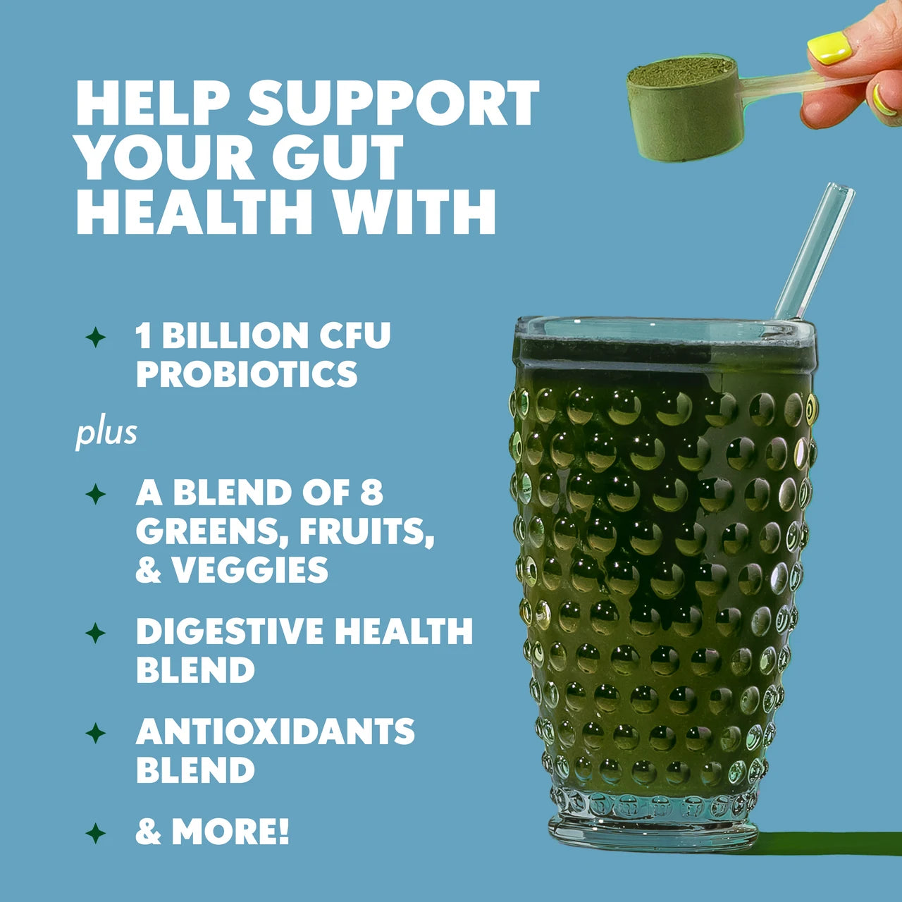 Green smoothie with a scoop of powder and text about gut health support on a blue background