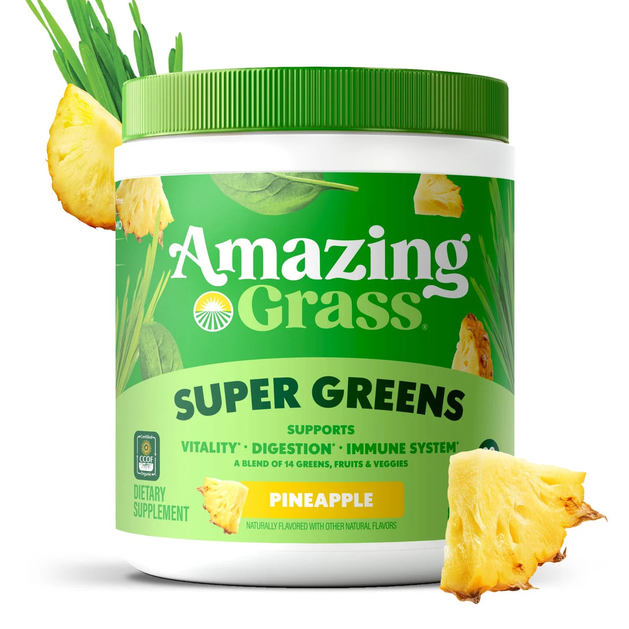 Amazing Grass Super Greens supplement container with pineapple flavor on a white background