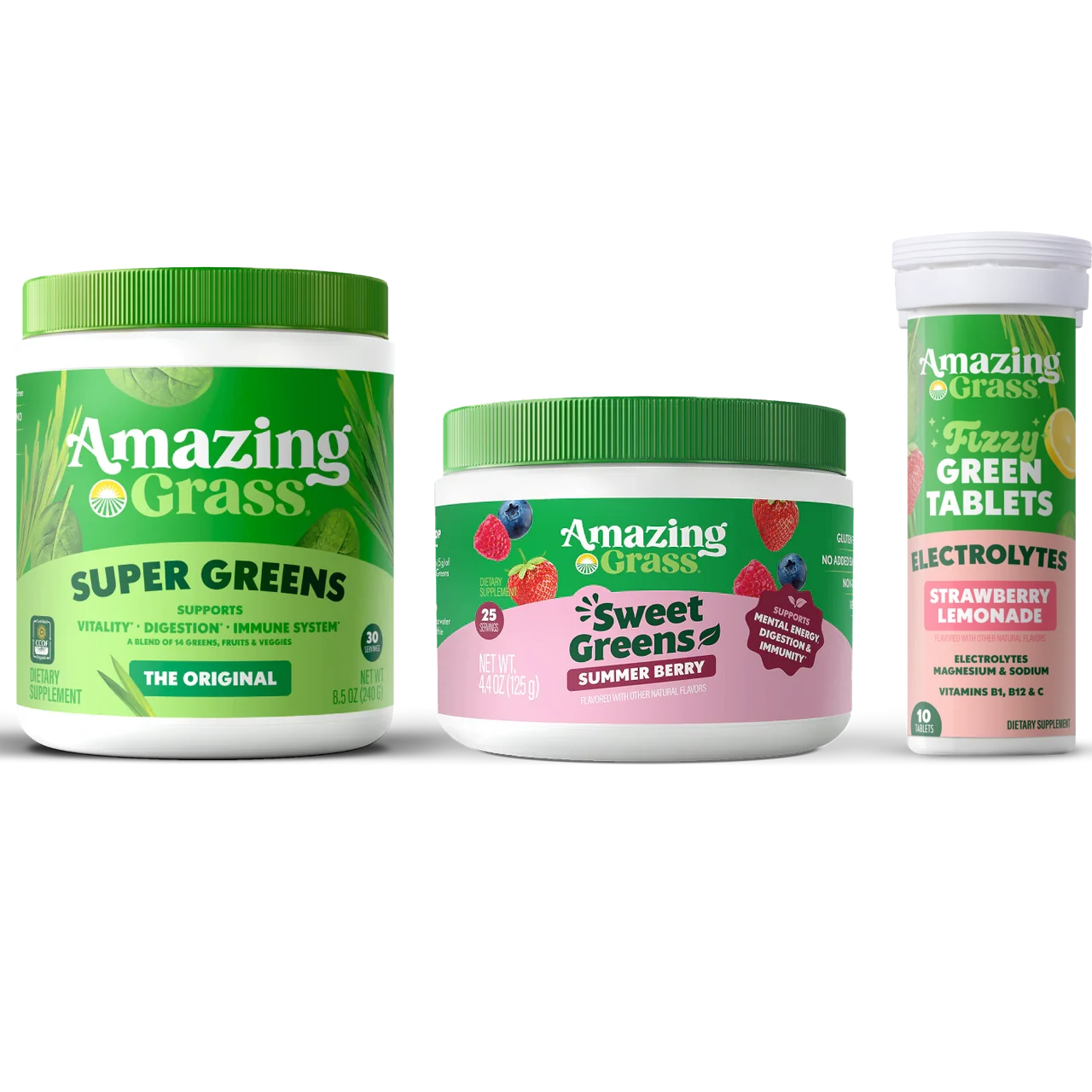 Amazing Grass Super Greens Original, Sweet Greens Summer Berry and Fizzy Green Tablets Hydrate Stawberry