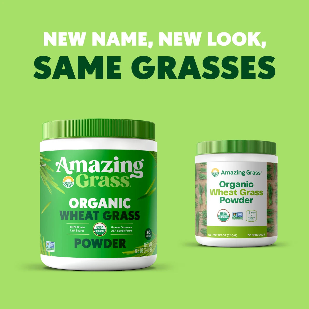 Two containers of Amazing Grass organic wheat grass powder on a green background with text 'New Name, New Look, Same Grasses'.