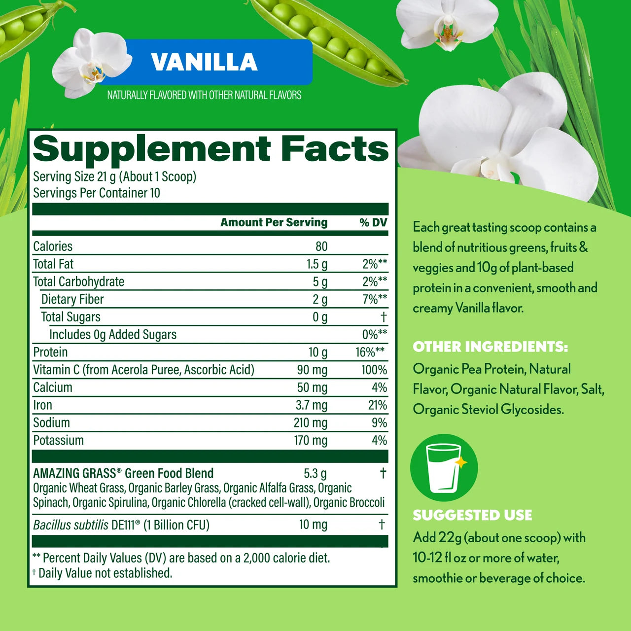 Supplement facts label for Amazing Grass Super Greens + Protein powder