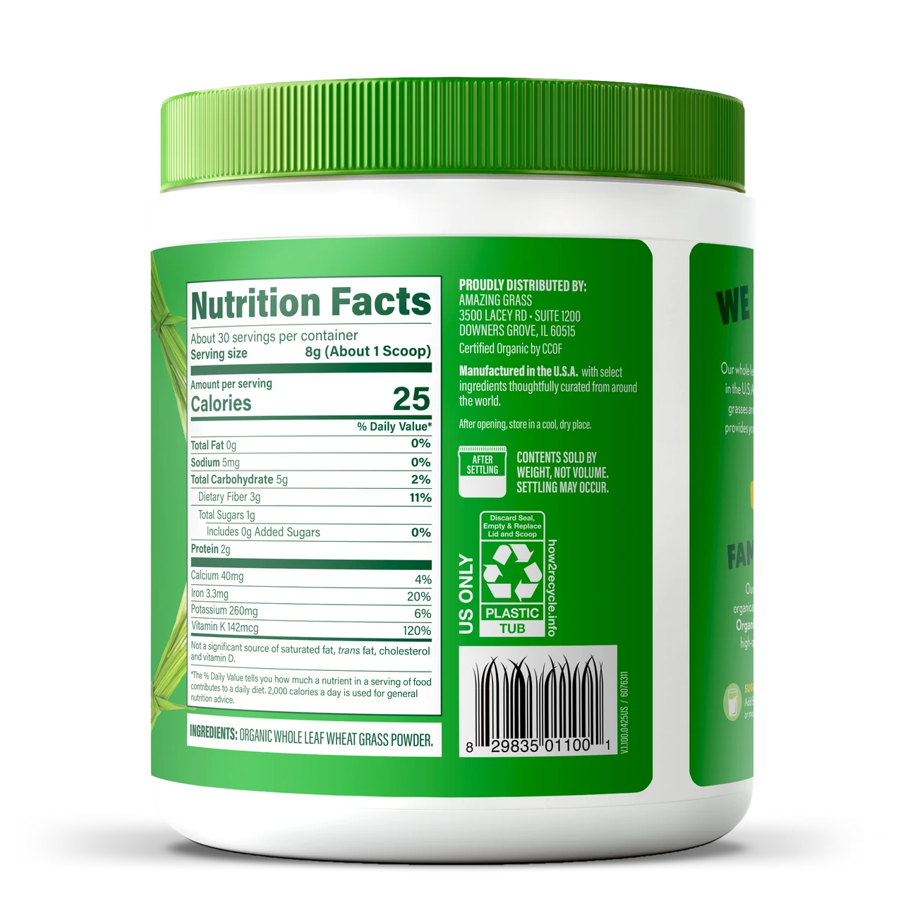 Container of organic wheat grass powder with nutrition facts label on a white background