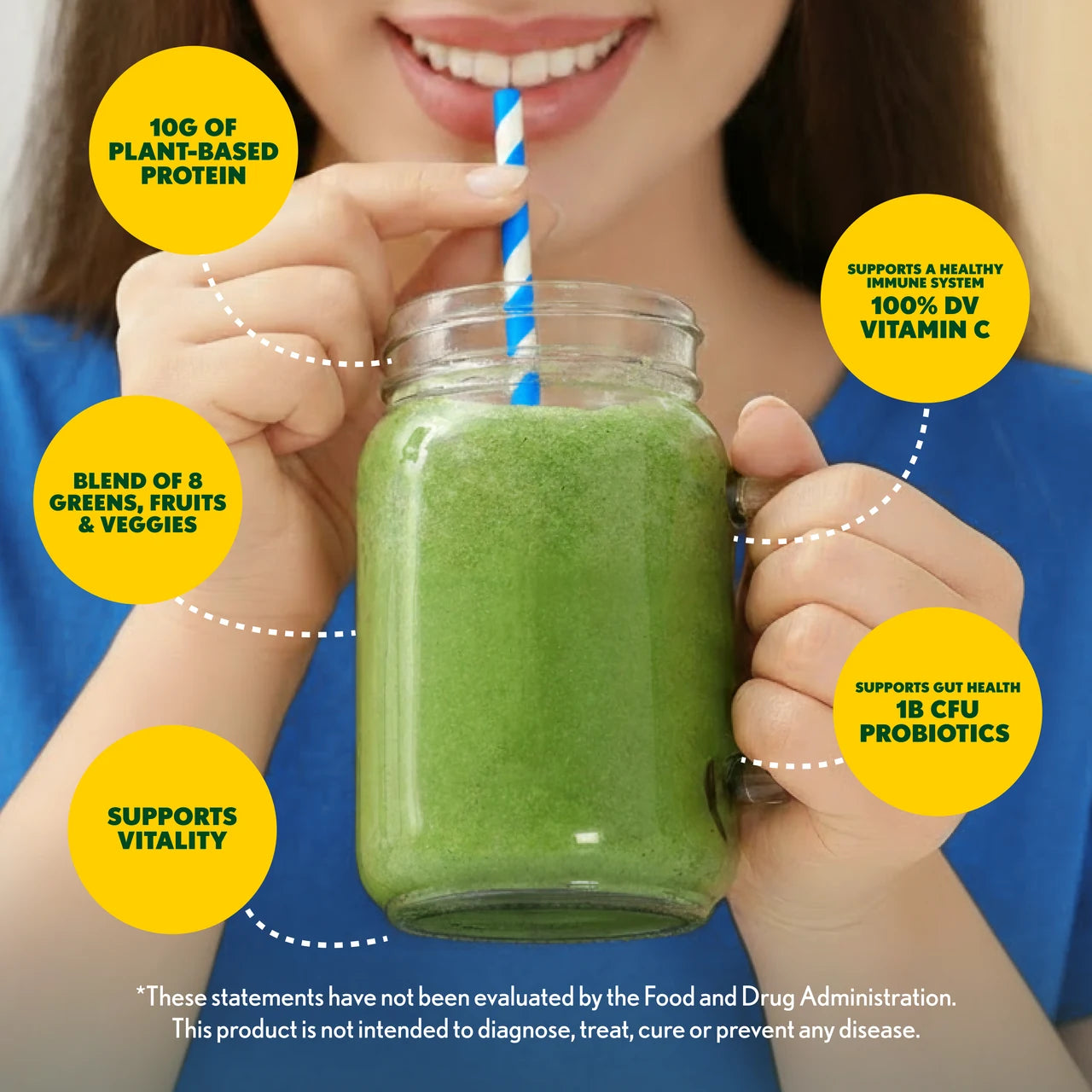 Person holding a green smoothie in a mason jar with health benefits highlighted.