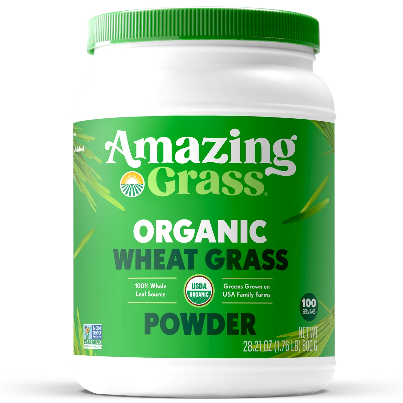 Container of Amazing Grass organic wheat grass powder on a white background
