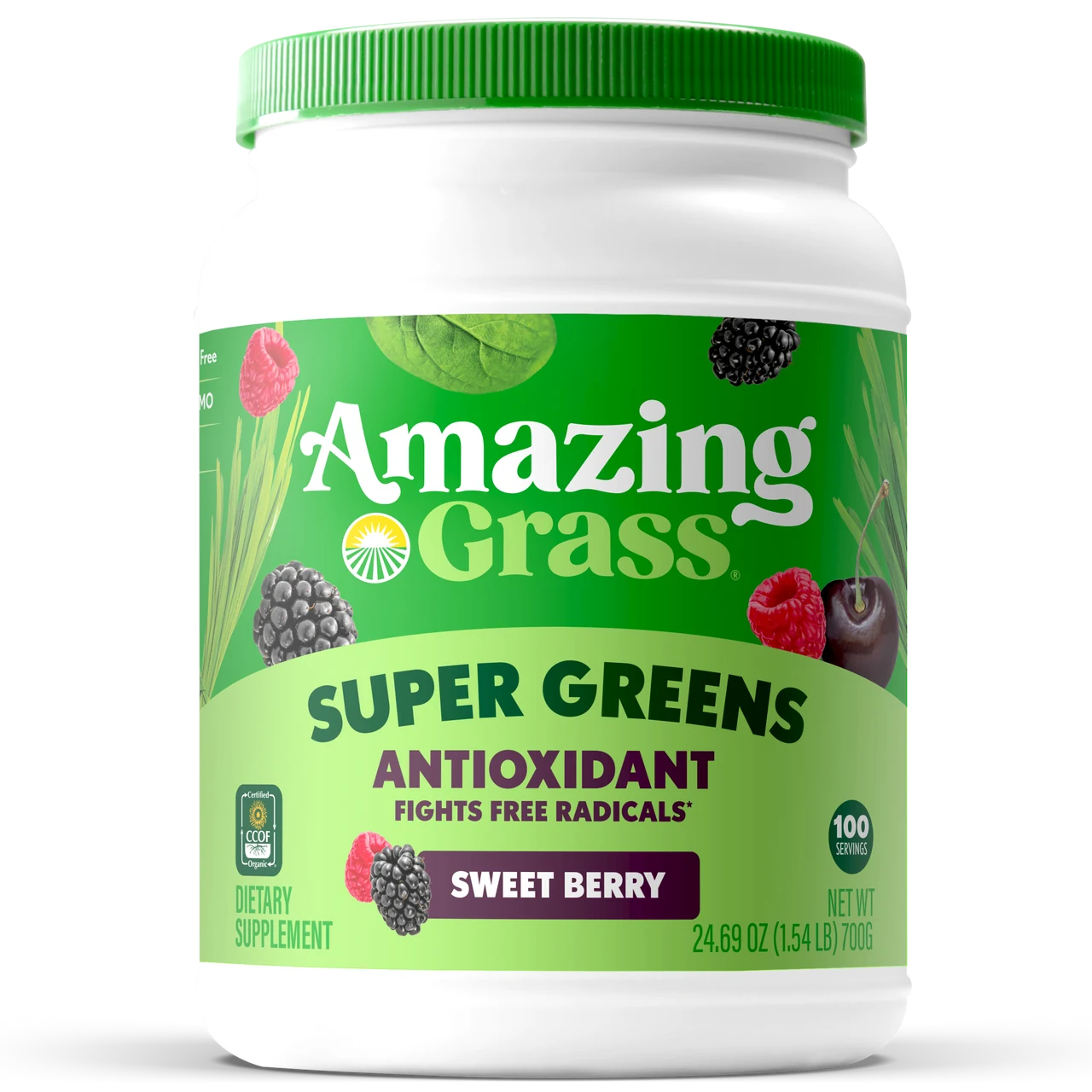 Container of Amazing Grass Super Greens Sweet Berry supplement on a white background
