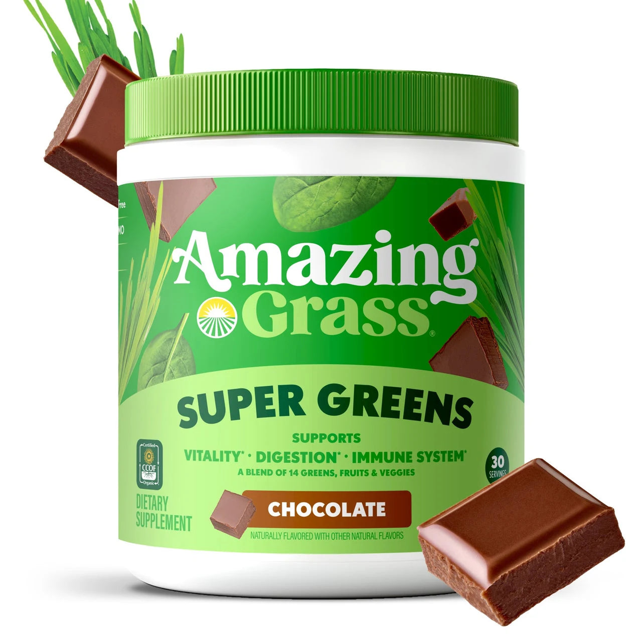 Super Greens Chocolate front of packaging with flavor cues