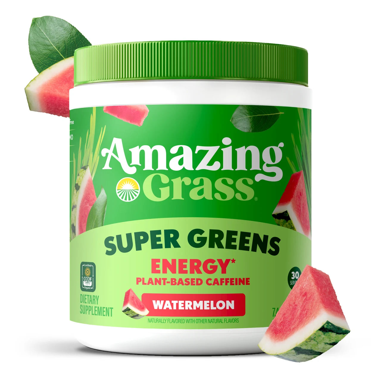 Container of Amazing Grass Super Greens Energy supplement with watermelon flavor on a white background