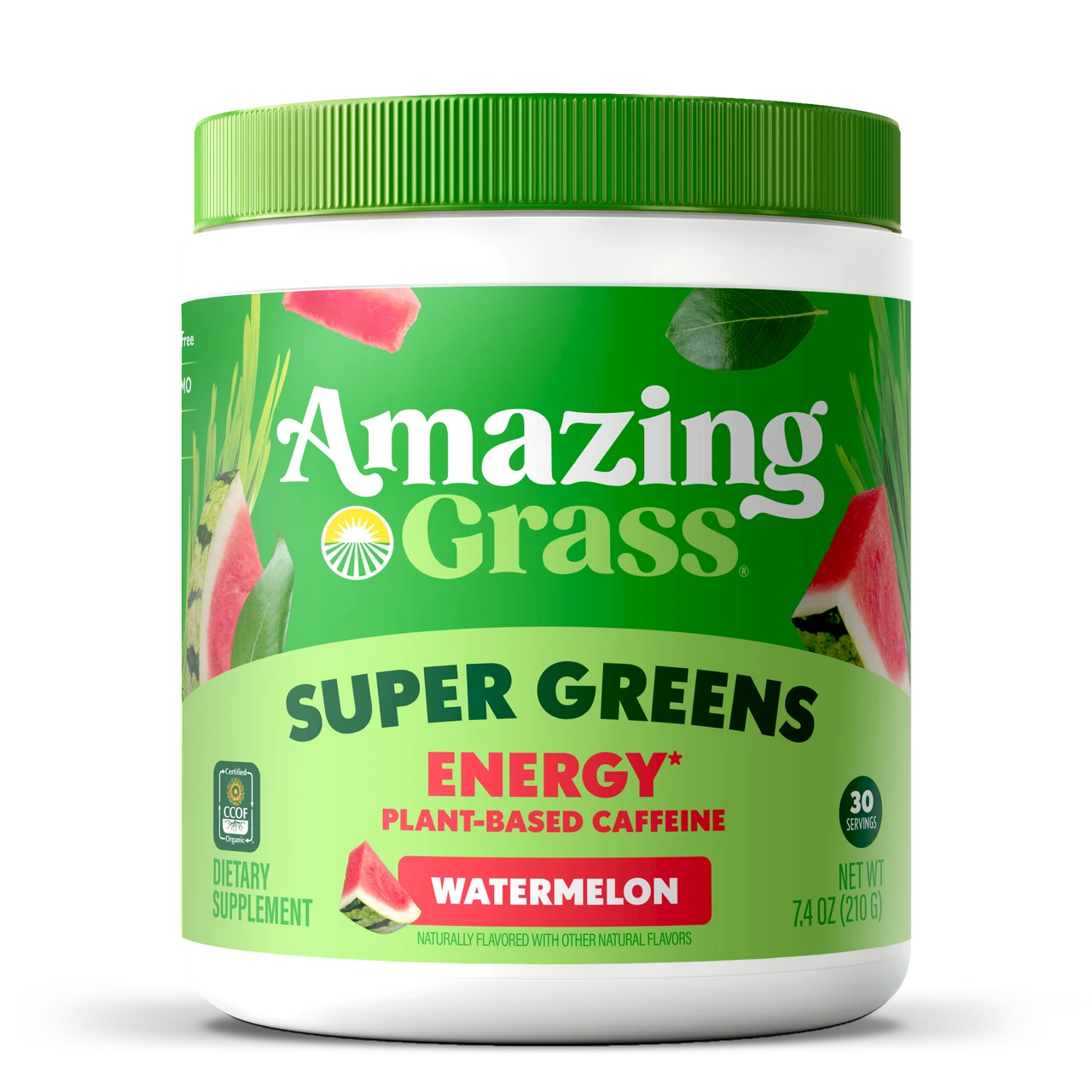 Container of Amazing Grass Super Greens Energy supplement with watermelon flavor on a white background