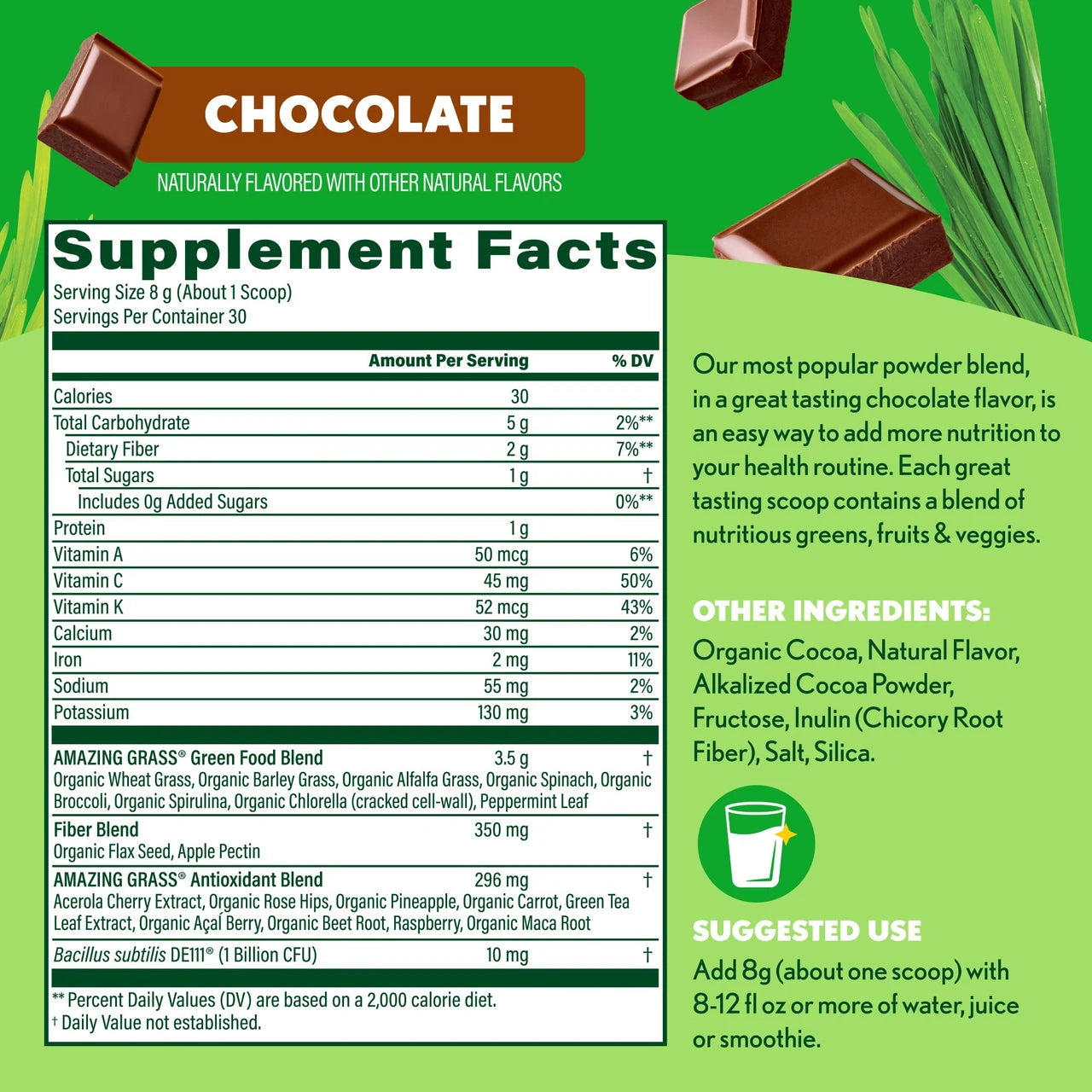Super Greens Chocolate Supplement Facts panel