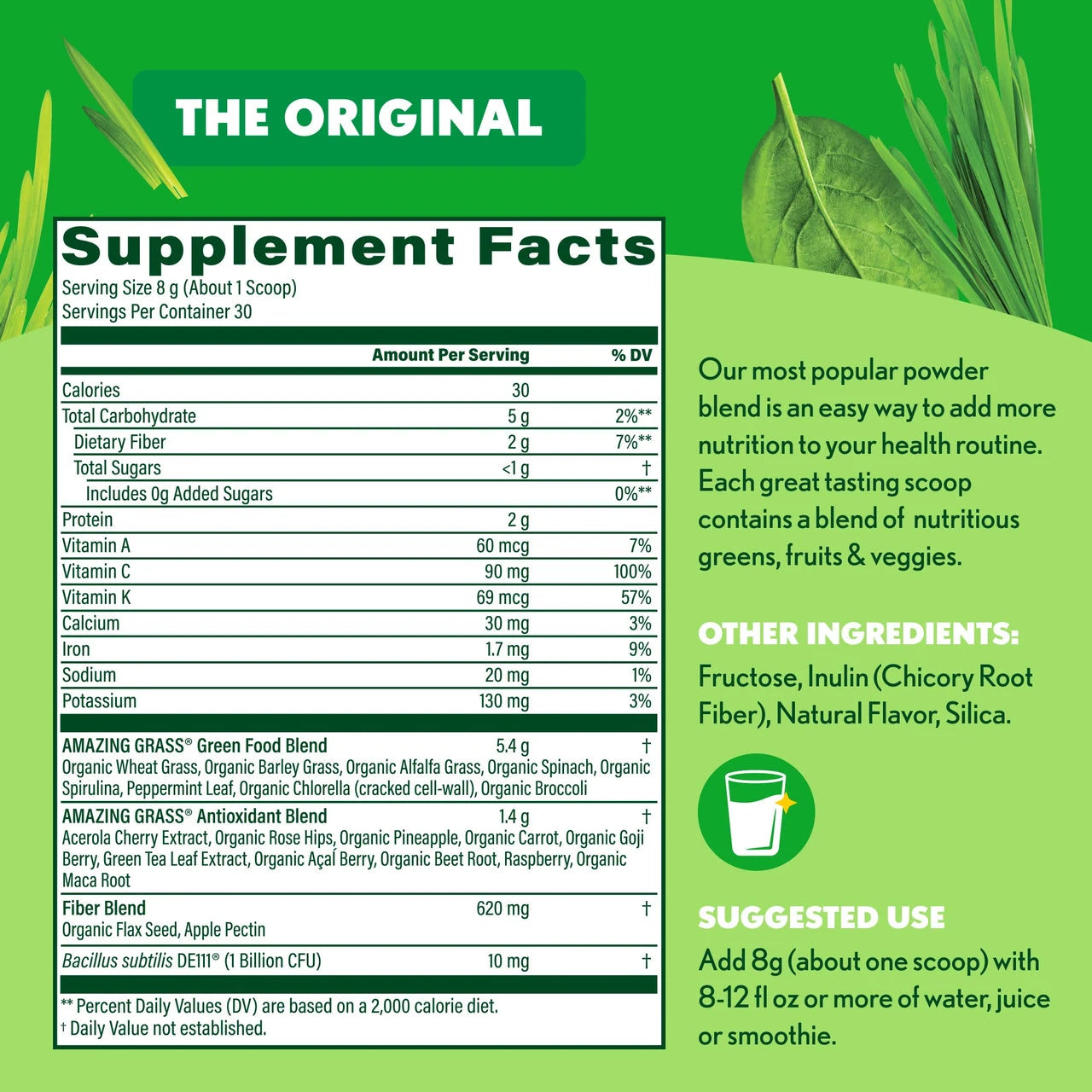 Super Greens the original Supplement facts and ingredients detail