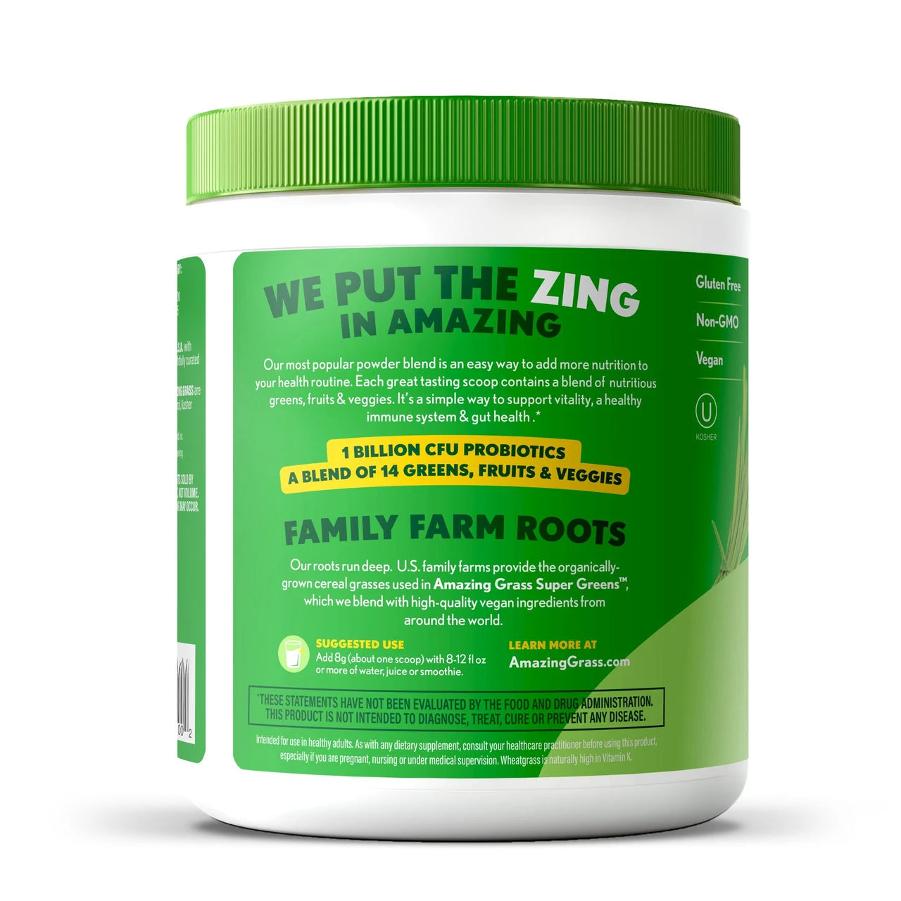Super Greens the original side of packaging Gluten Free Non-GMO, Vegan, Kosher, suggested use add one scoop to 8-12 fl oz of water, juice or smoothie