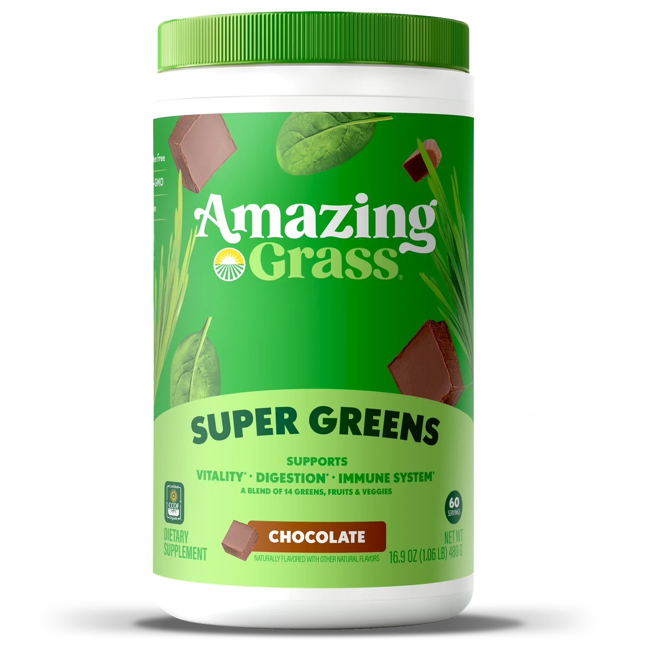Container of Amazing Grass Super Greens supplement with a green lid and label.