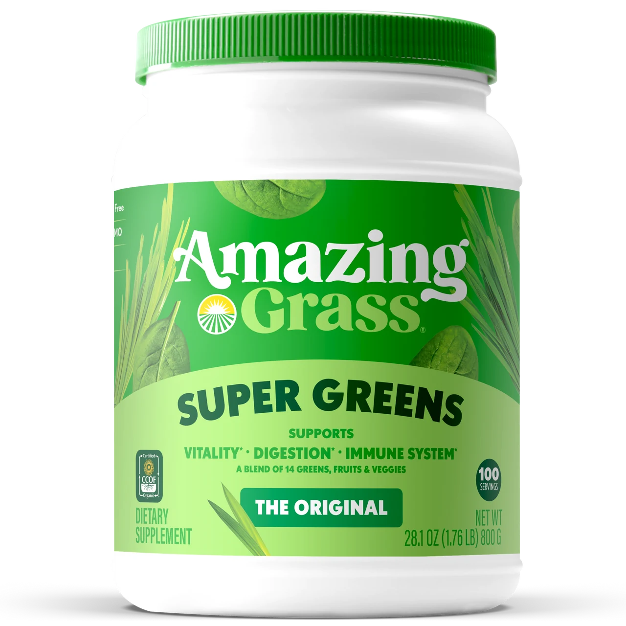 Container of Amazing Grass Super Greens 100 serving supplement on a white background