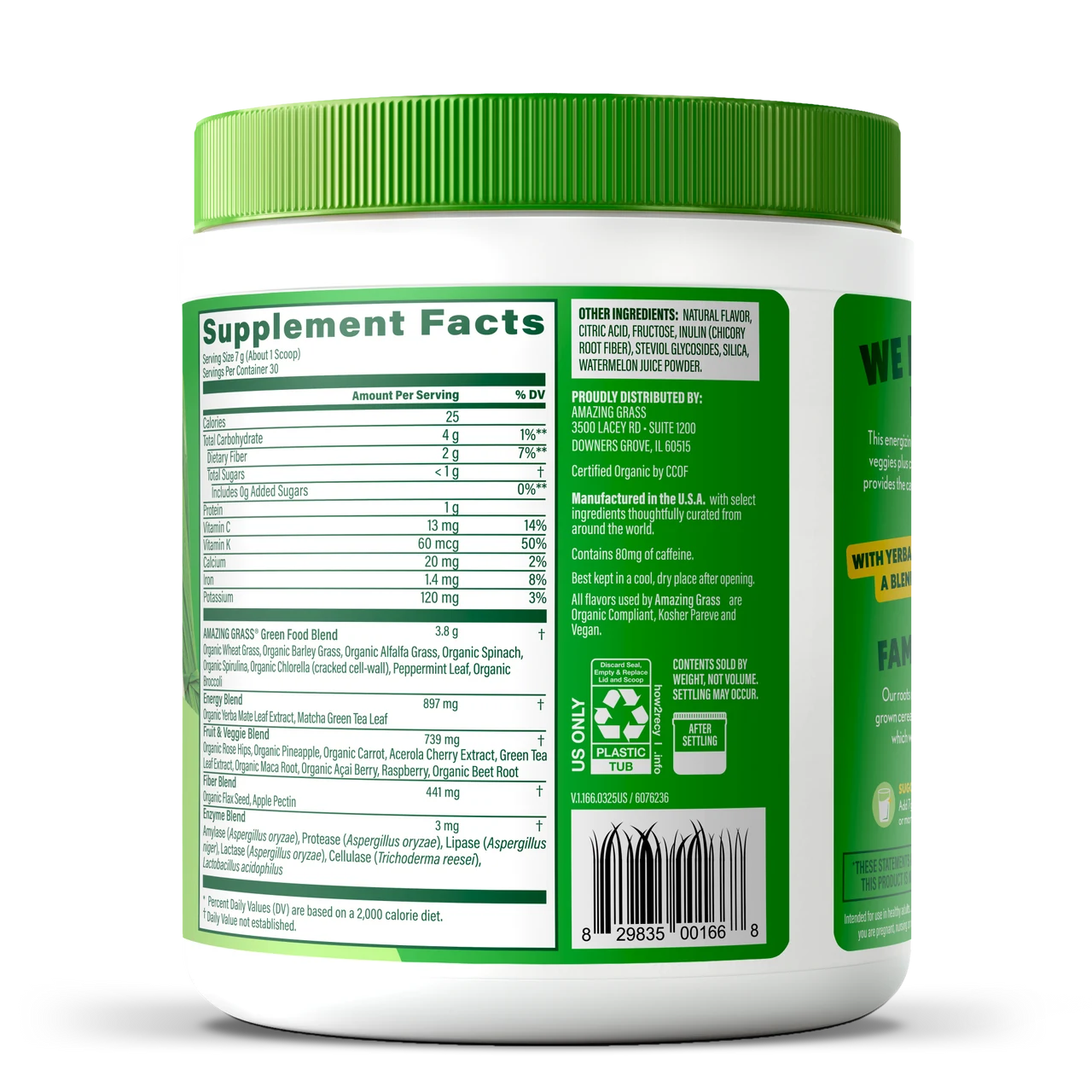Supplement container with green lid and label on a white background