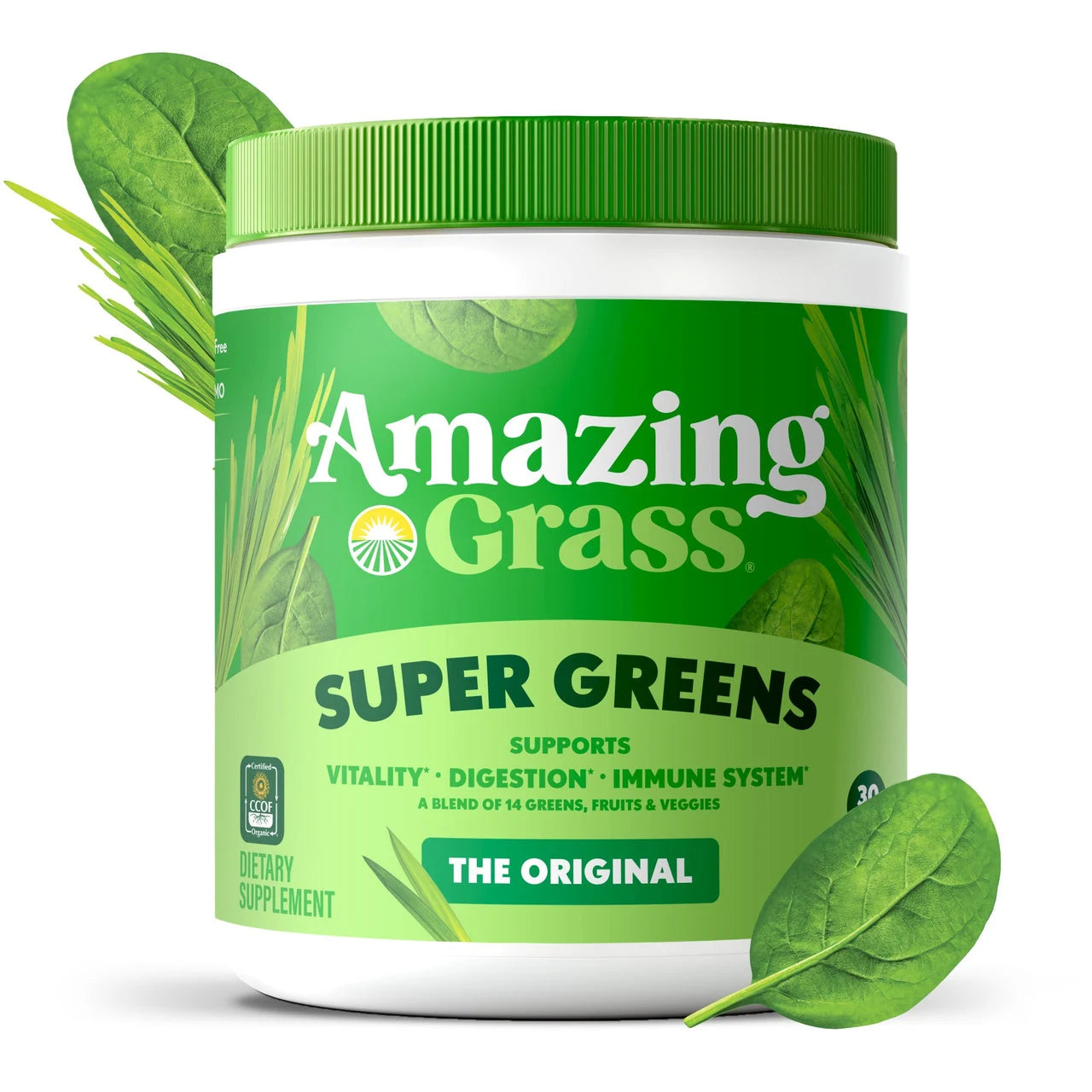 Super greens the original with decorative spinach and grass images
