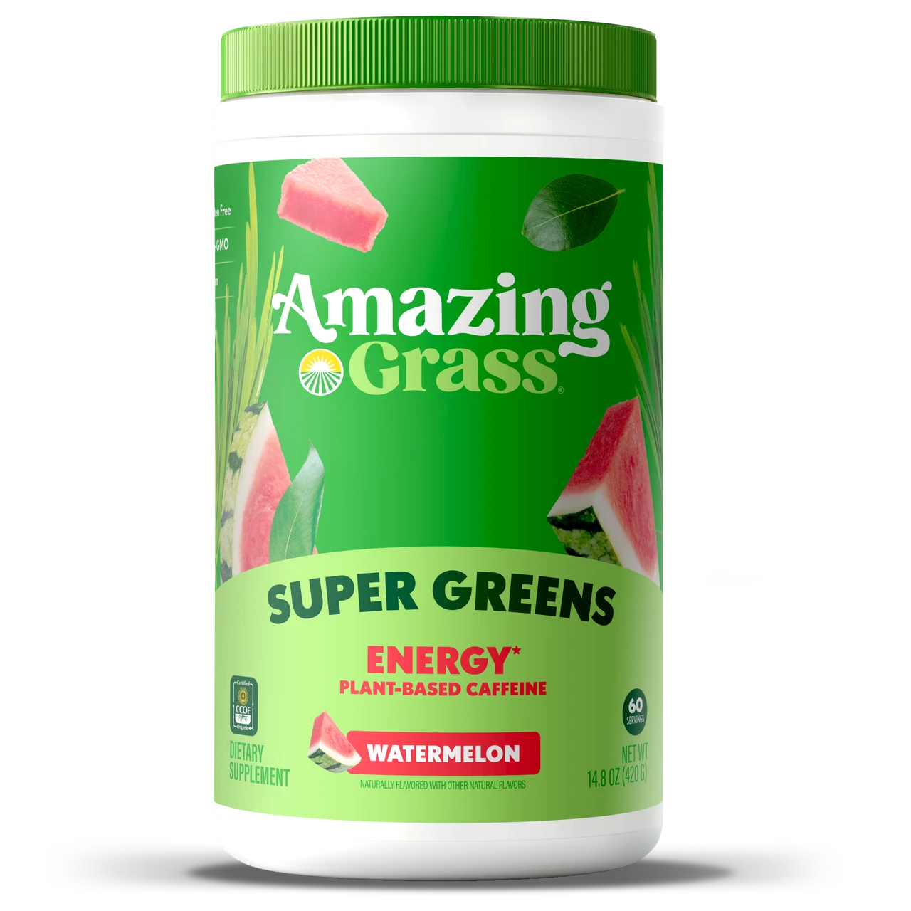 Amazing Grass Super Greens Energy supplement container with watermelon flavor on a white background
