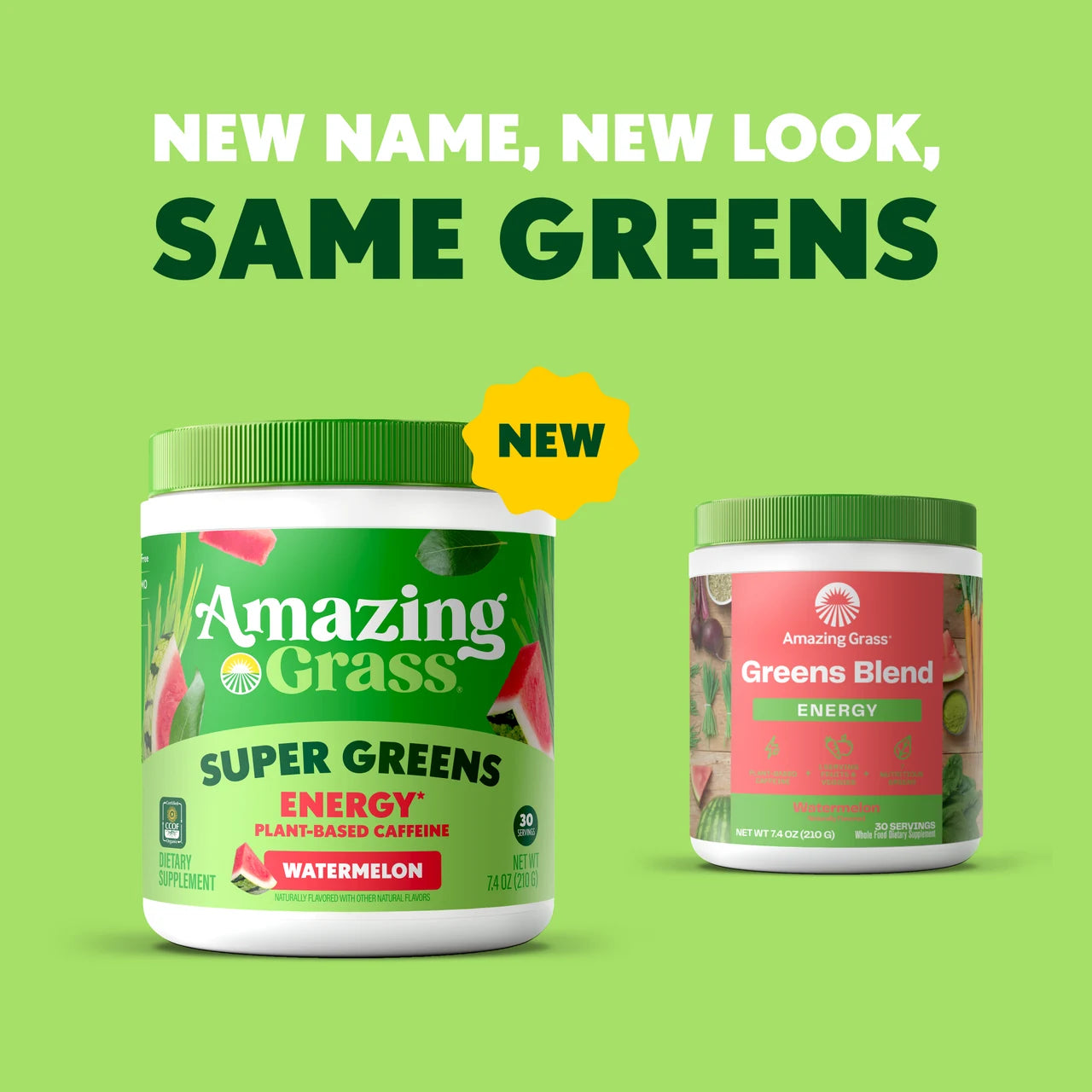 Two containers of Amazing Grass products on a green background with text 'New Name, New Look, Same Greens'.