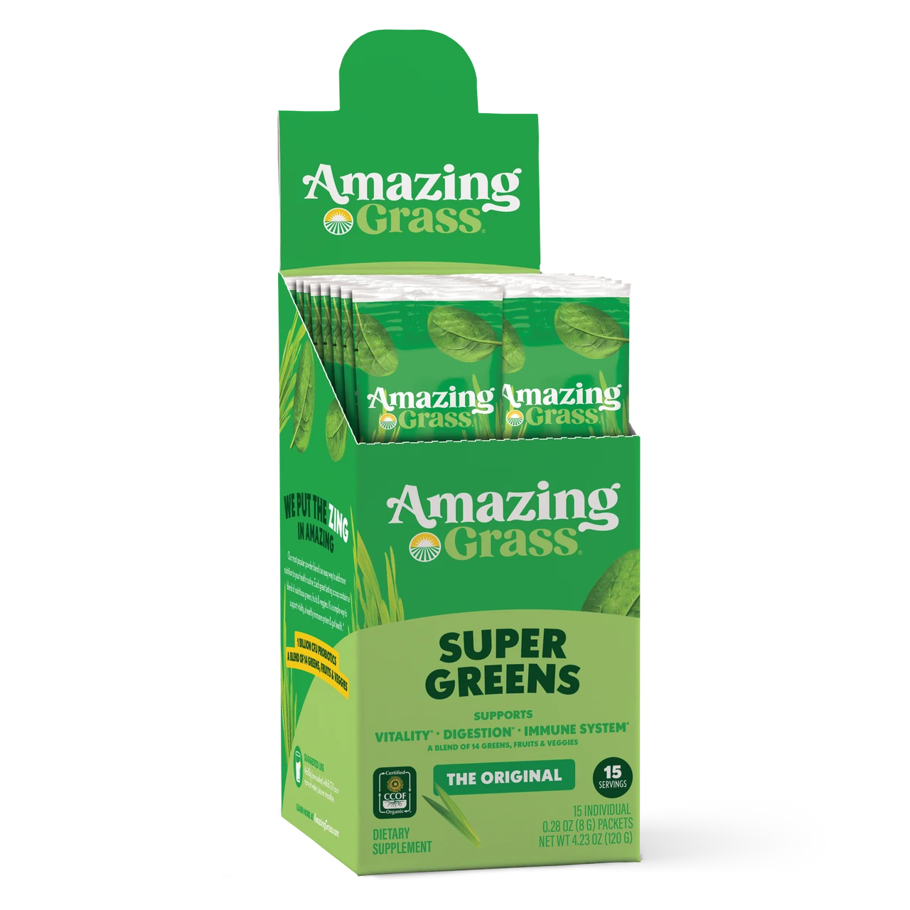 Box of Amazing Grass Super Greens stick packs on a white background