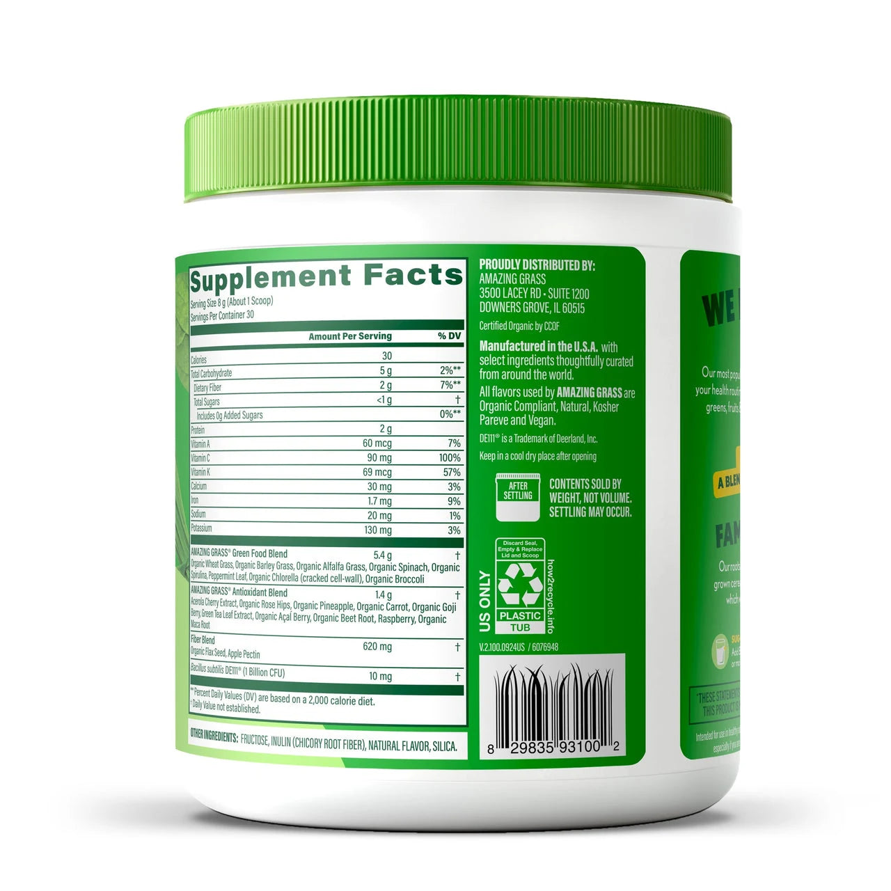 Super Greens the original supplement facts and ingredients on back of packaging 