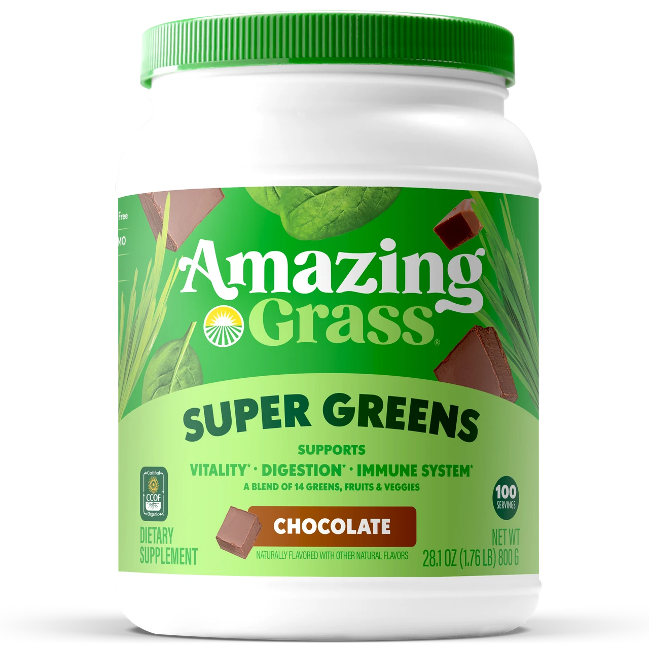 Container of Amazing Grass Super Greens Chocolate flavor supplement on a white background